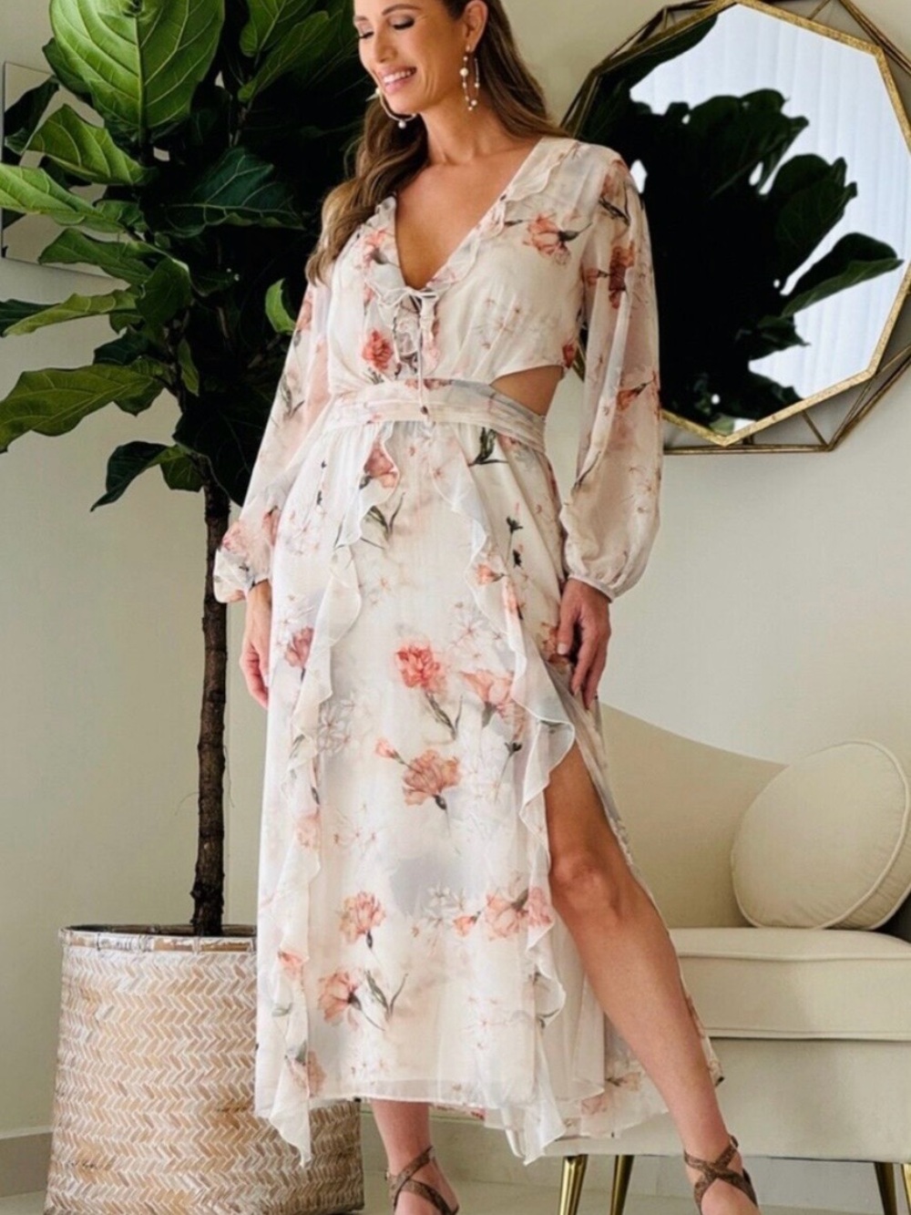 Floral Ruffle Maxi Dress in Blush Cream